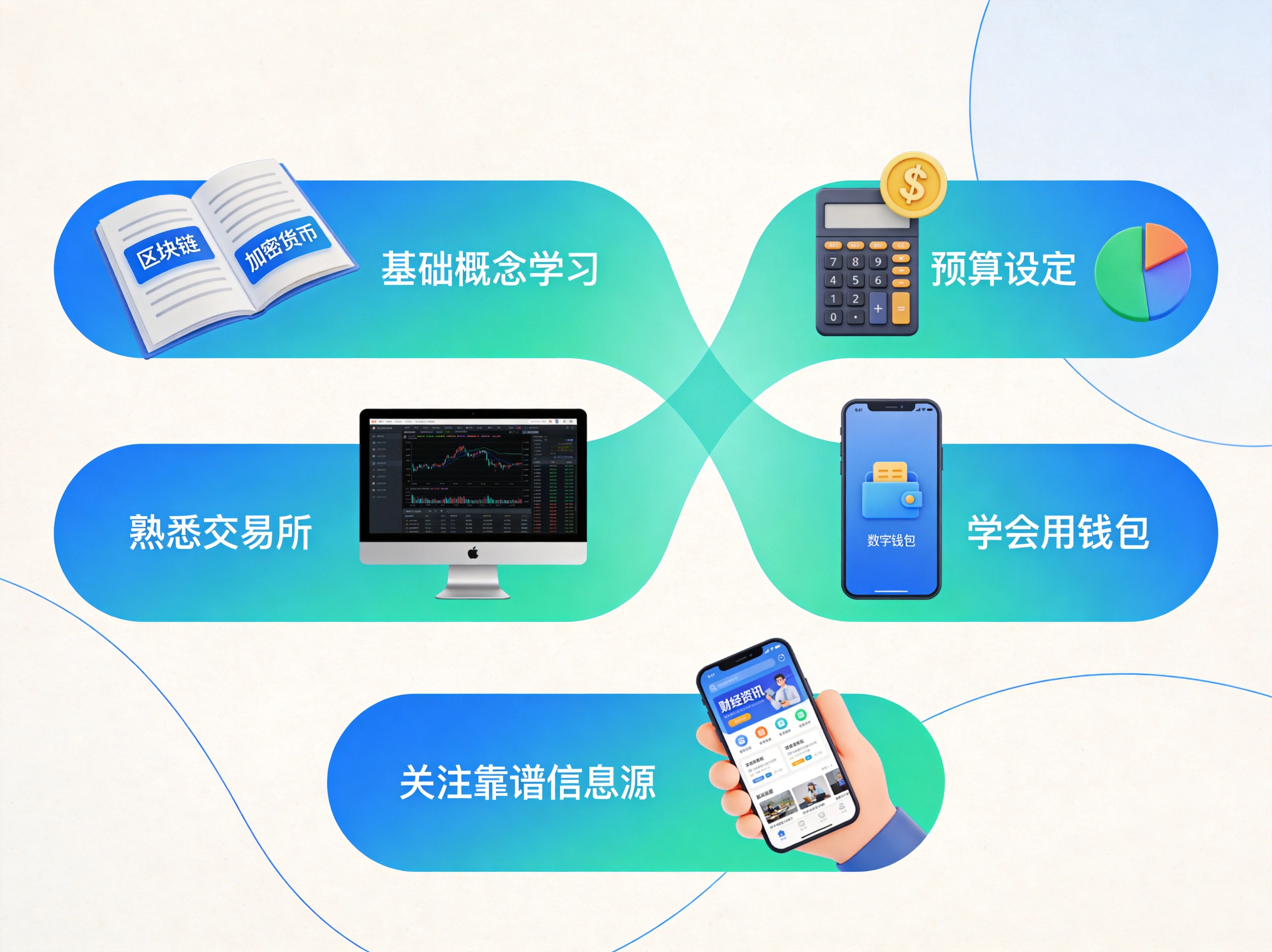 币圈新手五项准备工作全景图,基础概念学习、预算设定、熟悉交易所、学会用钱包、关注靠谱信息源可视化 币圈新手五项准备工作全景图,基础概念学习、预算设定、熟悉交易所、学会用钱包、关注靠谱信息源可视化