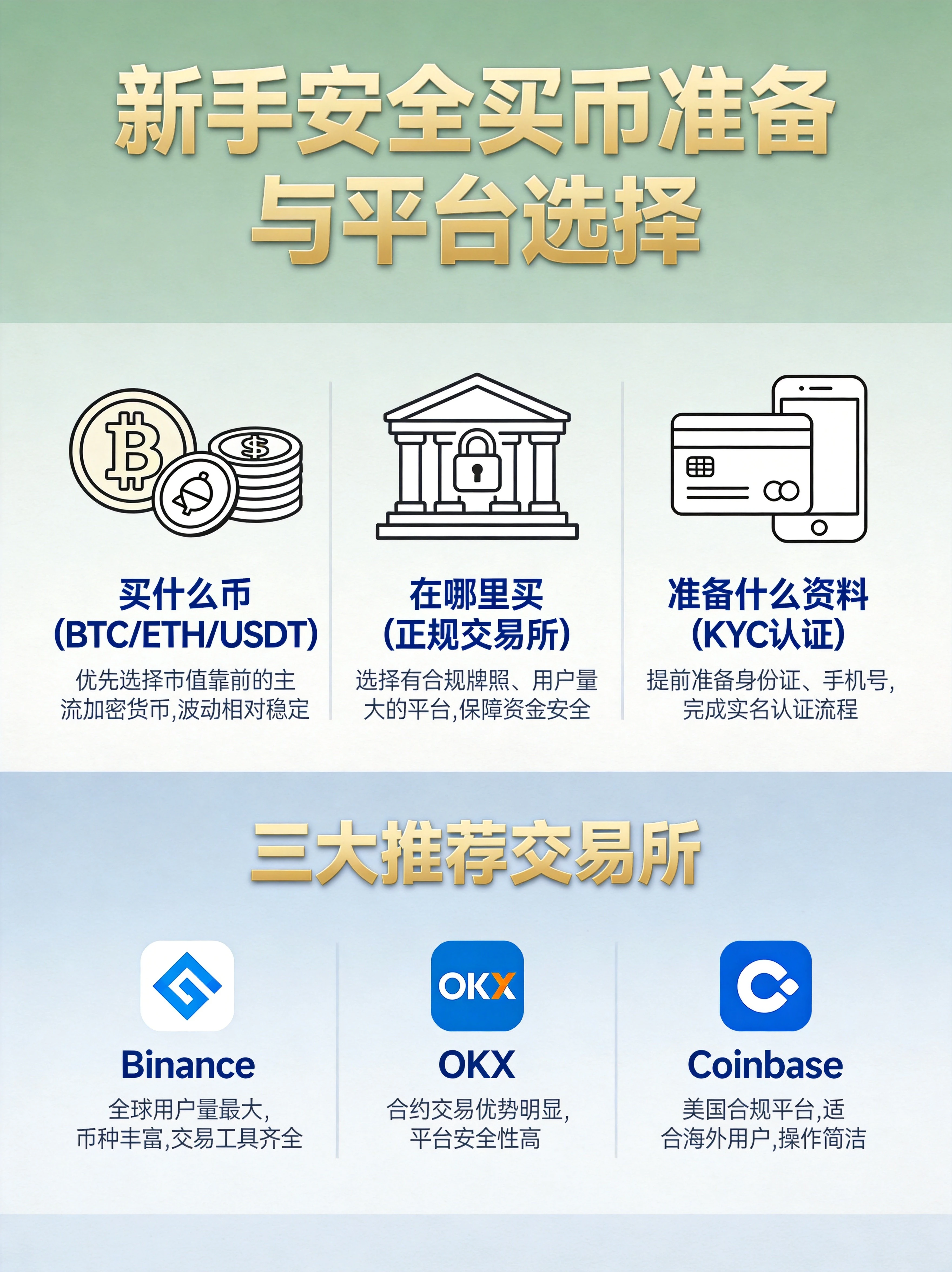 新手安全买币准备与平台选择图,展示买币前三问:买什么币(BTC/ETH/USDT)、在哪里买(正规交易所)、准备什么资料(KYC认证),以及Binance、OKX、Coinbase三大推荐交易所 新手安全买币准备与平台选择图,展示买币前三问:买什么币(BTC/ETH/USDT)、在哪里买(正规交易所)、准备什么资料(KYC认证),以及Binance、OKX、Coinbase三大推荐交易所