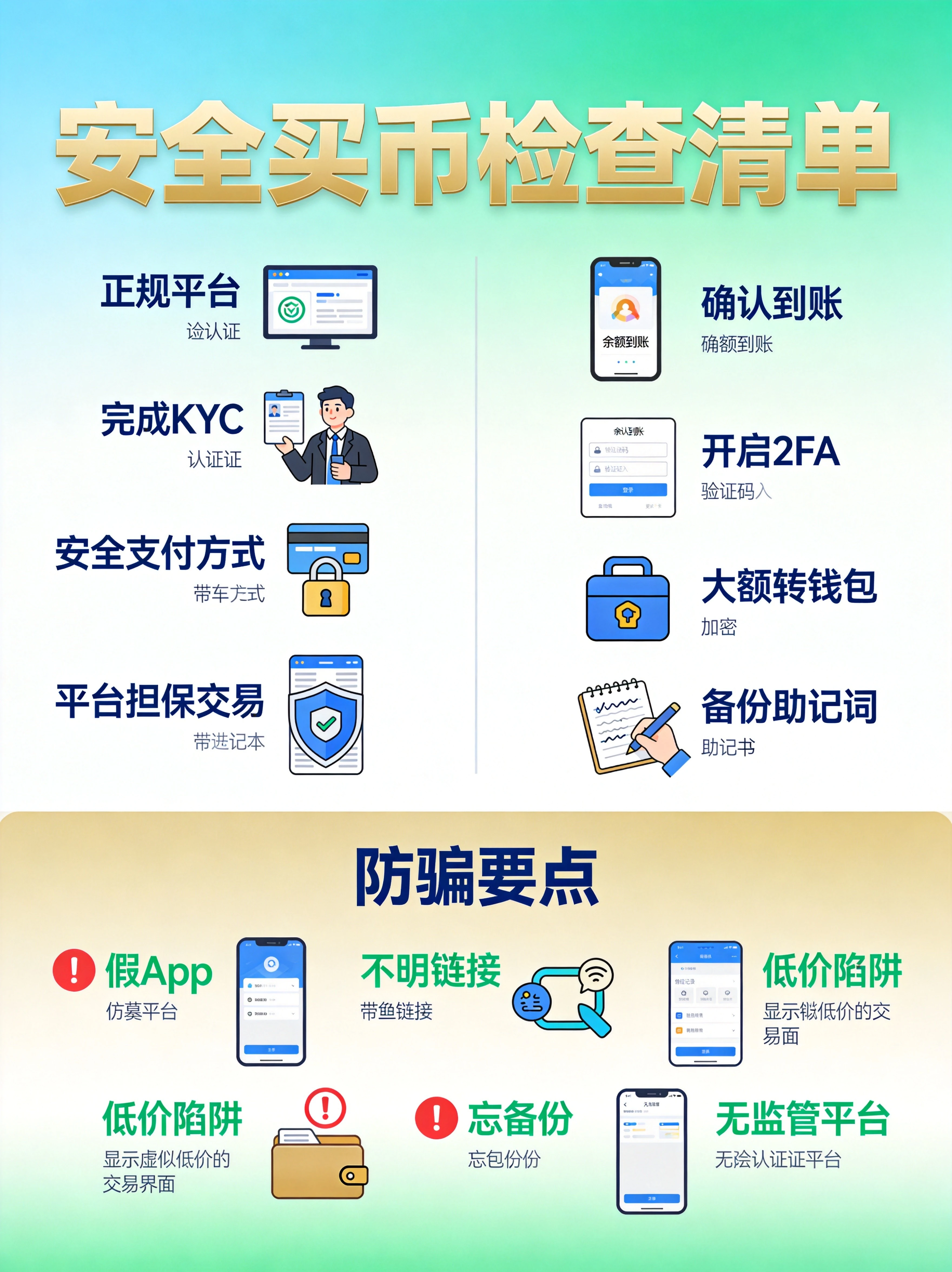 安全买币检查清单与防骗要点图,展示正规平台、完成KYC、安全支付方式、平台担保交易、确认到账、开启2FA、大额转钱包、备份助记词八大安全检查项,以及假App、不明链接、低价陷阱、忘备份、无监管平台五大防骗坑 安全买币检查清单与防骗要点图,展示正规平台、完成KYC、安全支付方式、平台担保交易、确认到账、开启2FA、大额转钱包、备份助记词八大安全检查项,以及假App、不明链接、低价陷阱、忘备份、无监管平台五大防骗坑