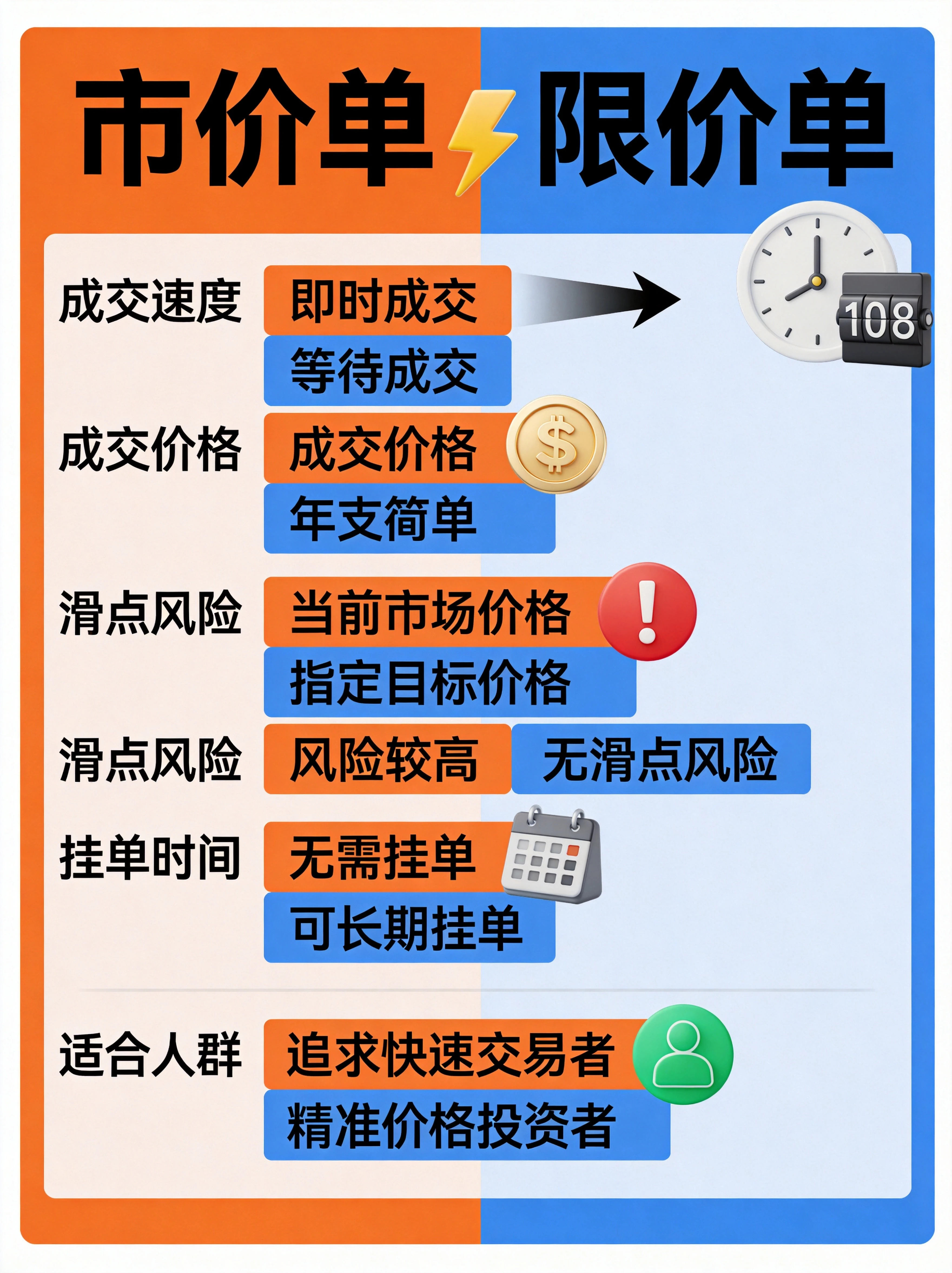 市价单与限价单核心维度对比可视化表,从成交速度、价格确定性、滑点风险、挂单规则、适用人群五个维度直观展示两者差异,降低理解门槛。 市价单与限价单核心维度对比可视化表,从成交速度、价格确定性、滑点风险、挂单规则、适用人群五个维度直观展示两者差异,降低理解门槛。