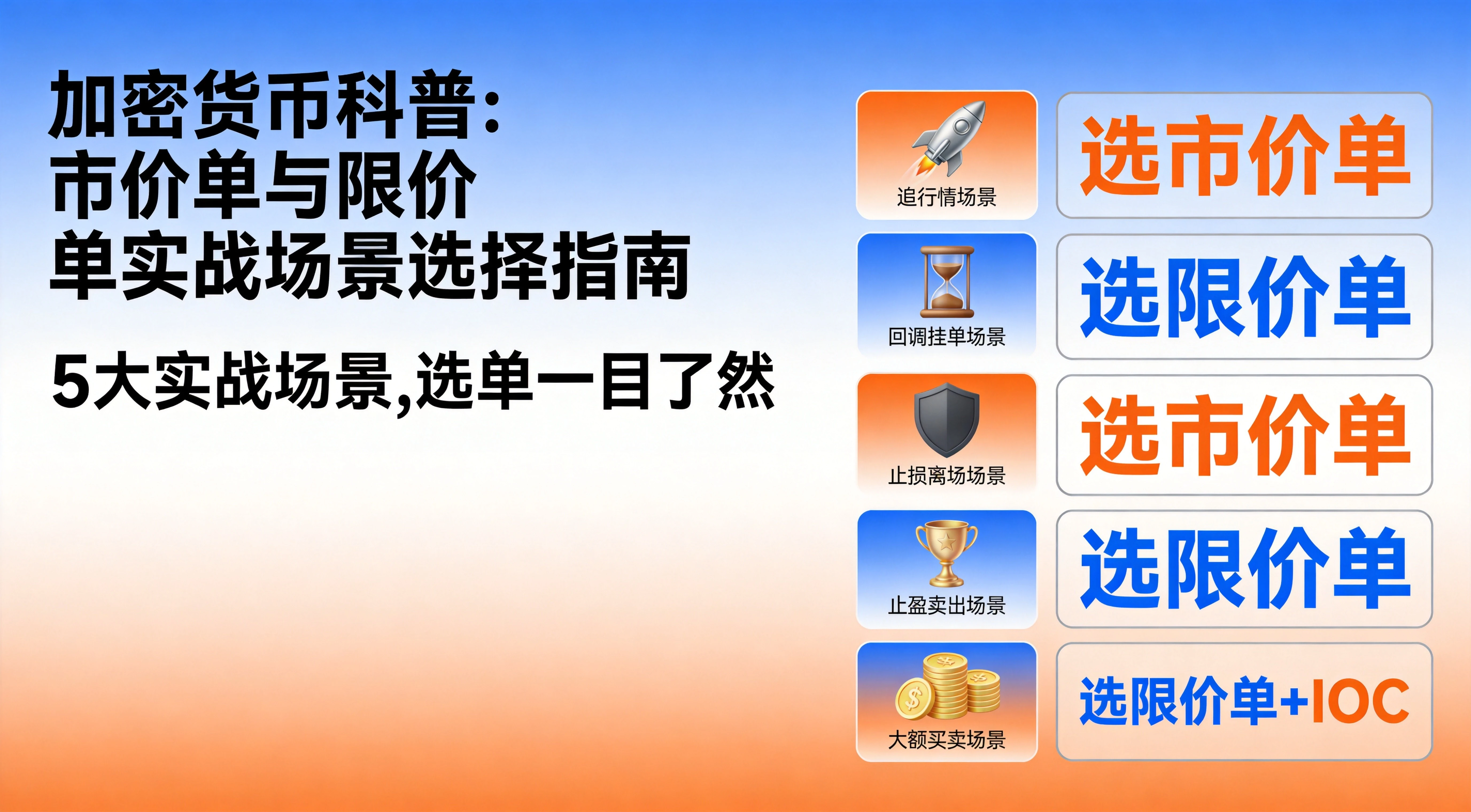 实战场景订单类型选择指南图,覆盖追行情、回调挂单、止损、止盈、大额买卖五个高频交易场景,明确标注对应推荐的订单类型,帮助读者快速决策。 实战场景订单类型选择指南图,覆盖追行情、回调挂单、止损、止盈、大额买卖五个高频交易场景,明确标注对应推荐的订单类型,帮助读者快速决策。