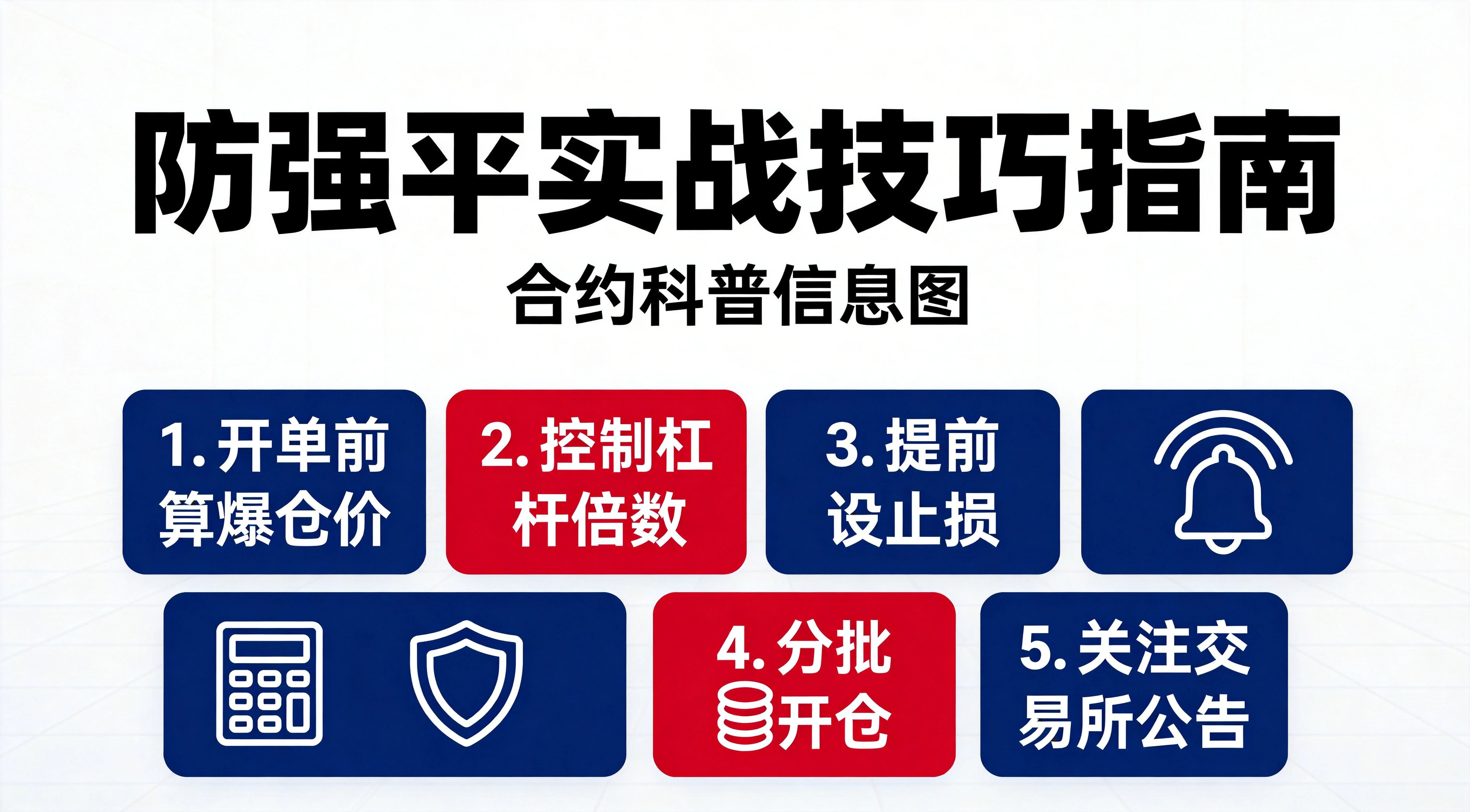 防强平实战技巧可视化指南,覆盖开单前、开单后、持仓全流程的风控要点,通过图标化展示帮助读者快速记忆防爆仓操作方法。 防强平实战技巧可视化指南,覆盖开单前、开单后、持仓全流程的风控要点,通过图标化展示帮助读者快速记忆防爆仓操作方法。