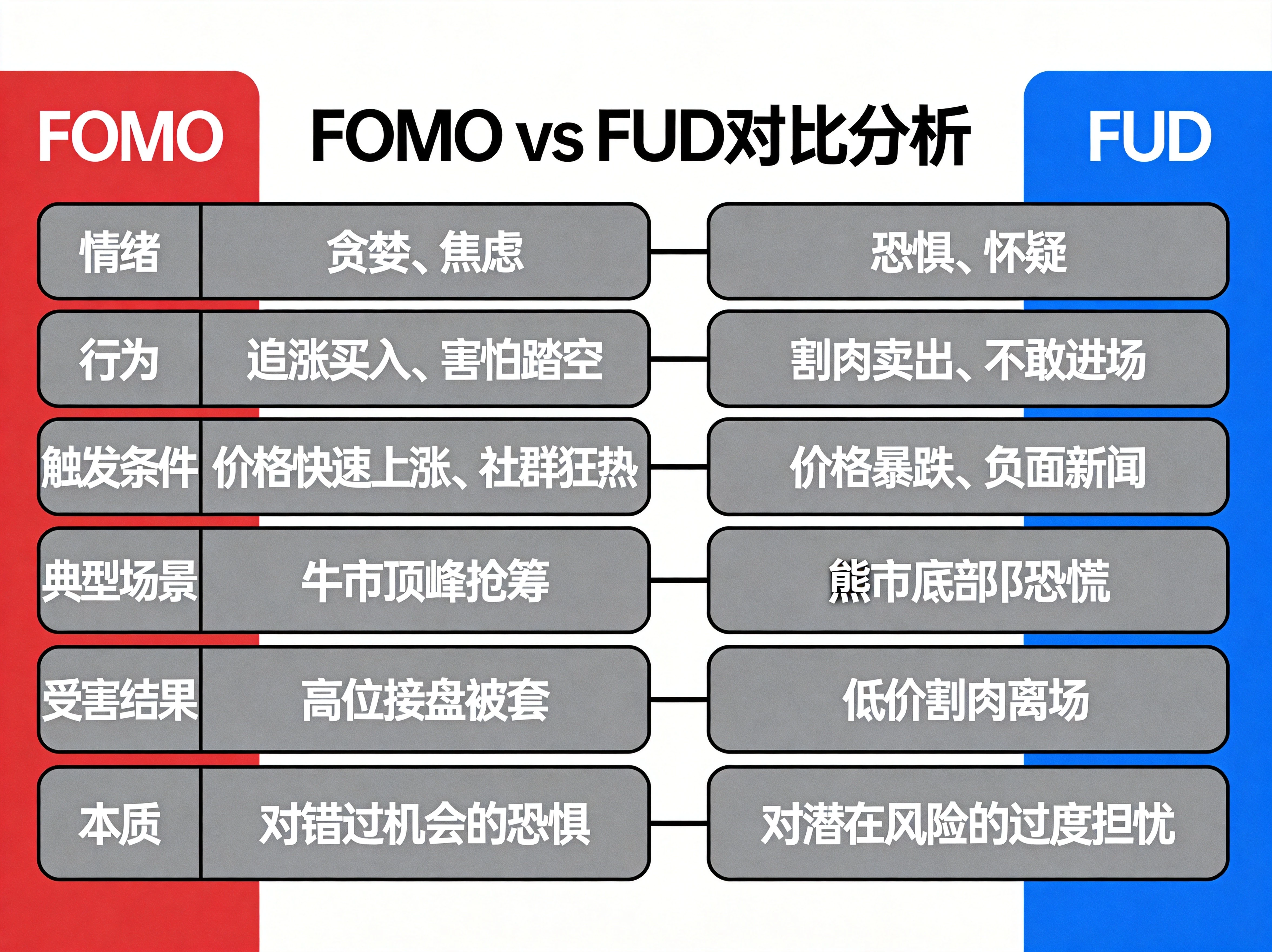 FOMO与FUD核心维度对比表 FOMO与FUD核心维度对比表