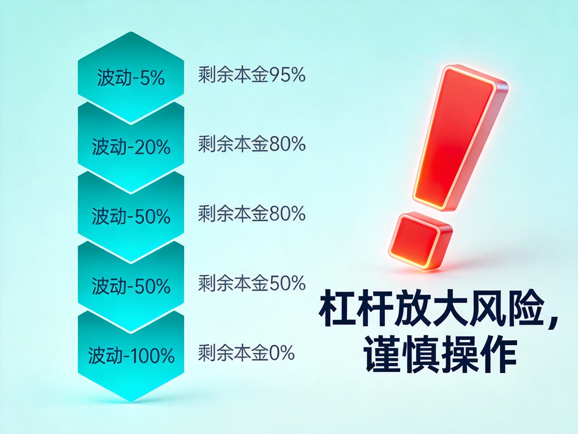 蓝绿色科技风格价格波动亏损阶梯信息图,展示不同反向波动幅度对应本金剩余比例,叠加杠杆风险提示 蓝绿色科技风格价格波动亏损阶梯信息图,展示不同反向波动幅度对应本金剩余比例,叠加杠杆风险提示